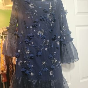 Elegant Marchesa NOTTE  Navy Blue Floral Dress